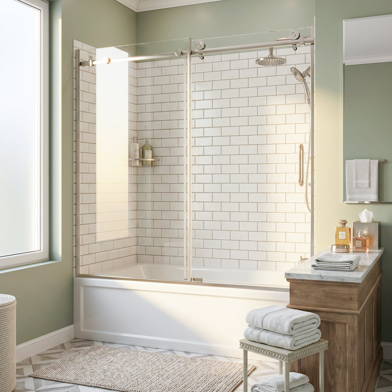 Porte de douche sans cadre H 60 po x l 60 po, coulissante double, verre trempé transparent de 6 mm, facile à installer