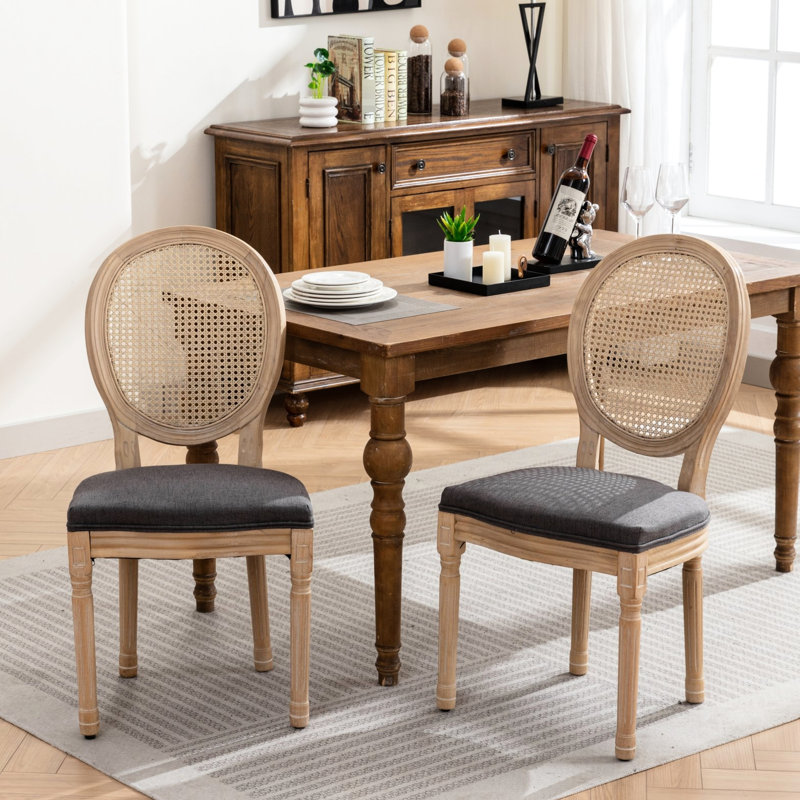 2 sièges de salle à manger de style français, tissu en lin gris, structure en bois massif, coussin en mousse, capacité de charge allant jusqu'à 300 lb de 2 chaises de conception et de structure
