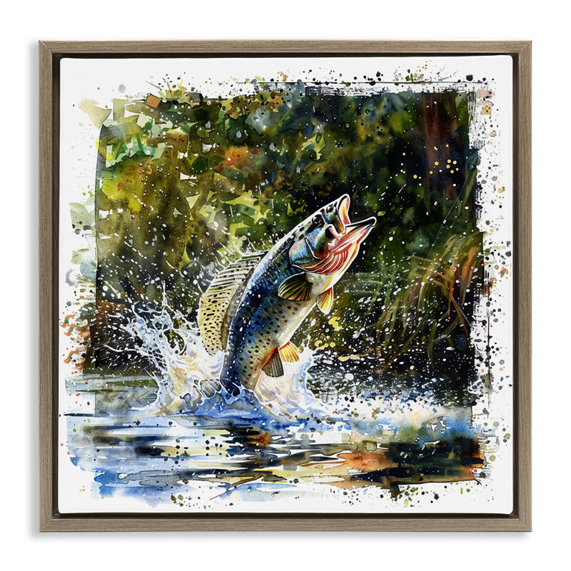  "Splashing Lake Bass", art mural encadré par LSR Design Studio, H 18 po x l 18 po, Cadre flottant orme Montalcino