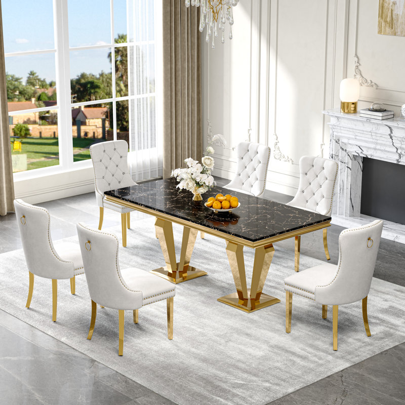 7-Piece Dining Table Set, Marble Veneer MDF Table with 6 Velvet Dining Chairs – Modern Dining Set for 6