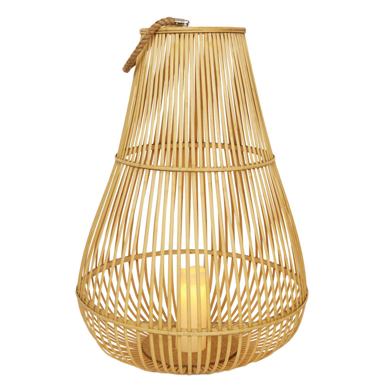 Bamboo Outdoor Lantern With Light Brown Finish And Led Candle For Patio & Garden Décor