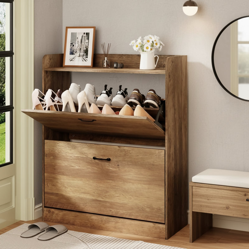 This Brown, Farmhouse-Style Shoe Cabinet Features Double Flip-Top Drawers, 5 Storage Shelves, Metal Legs, And A Narrow, Independent Design, Making It Suitable For Entryways And Hallways.