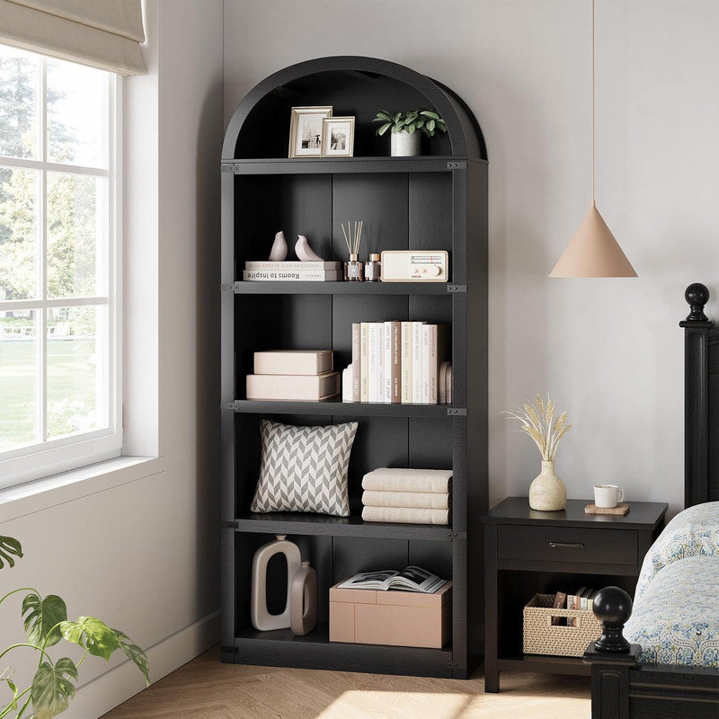 Bibliothèque arquée 71,65 "à 5 tablettes - Bibliothèque en bois pour salon, bureau personnel, Noir