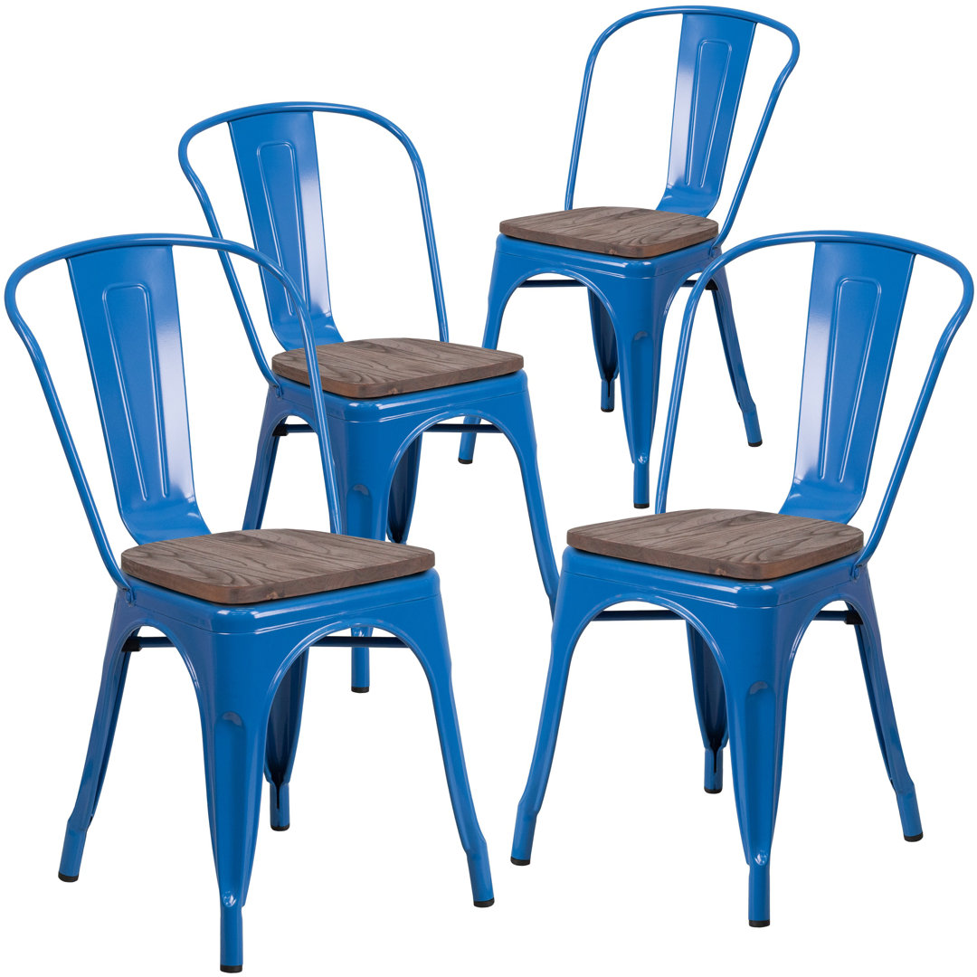 Ketchum Clear Coated Metal Stackable Chair with Wood Seat (Set of 4) Breakwater Bay 