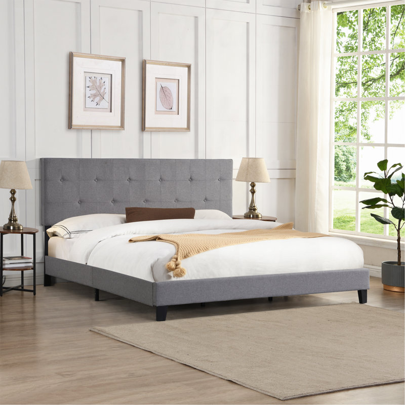 Très grande base de lit tapissier avec tête de lit en tissu capitonné, pas de sommier tapissier, support à lattes de bois, assemblage facile, gris