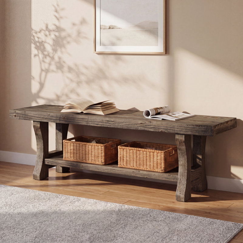 Banc d'entrée en bois massif 55,11 po x H 17,71 po avec pieds robustes, banc de rangement à 2 niveaux pour hall d'entrée et chambre à coucher