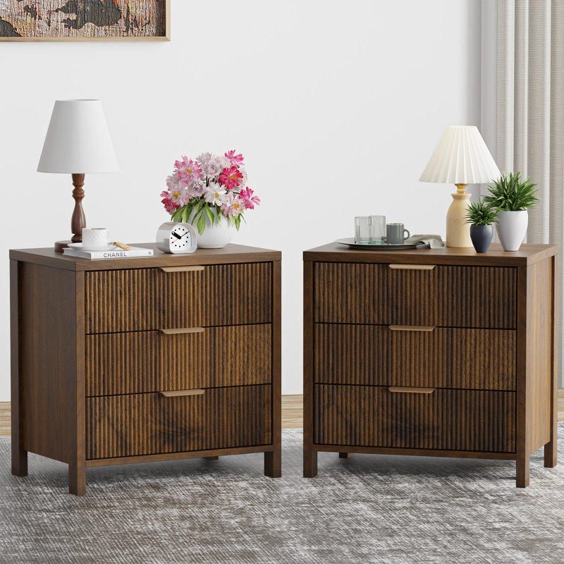 Modern Fluted Bedside Table with 3 Drawers, Walnut, Set of 2