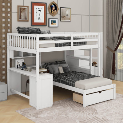 Lit superposé double au-dessus de simple avec bureau, tiroirs et tablettes