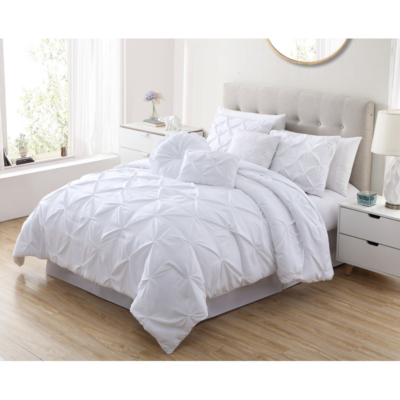 Ensemble d'édredon en microfibre 7 pièces Sydney Pintuck, Très grand californien, Blanc
