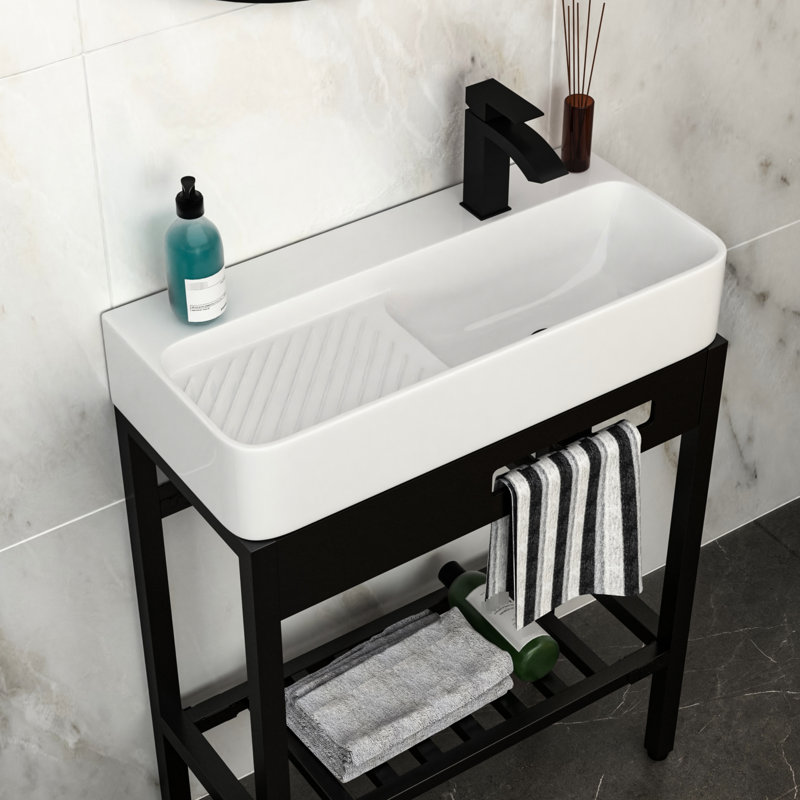 Évier de console en céramique 28 po x 12 po avec planche à récurer intégrée, construction hygiénique, peu encombrante, utilisation polyvalente intégrée, pieds en acier inoxydable, utilisation dans l'environnement