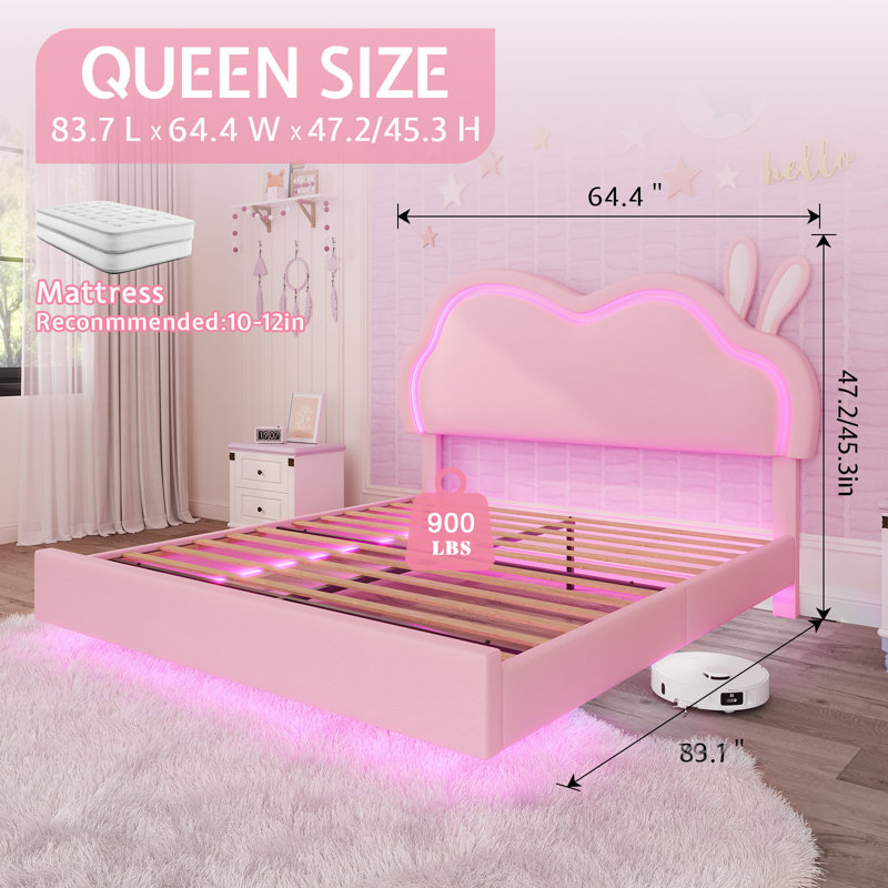 Zoomie Kids Queen Floating Bed Frame with Adjustable LED Headboard, Upholstered Platform Bed, Pink, Pink, Queen