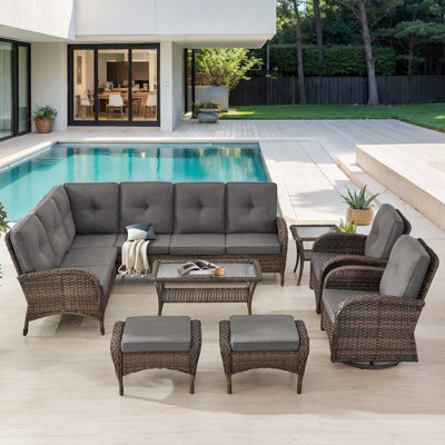 Valierius L-Shaped Outdoor Sectional Sofa Set With Swivel Chairs, Perfect For Patios & Gardens
