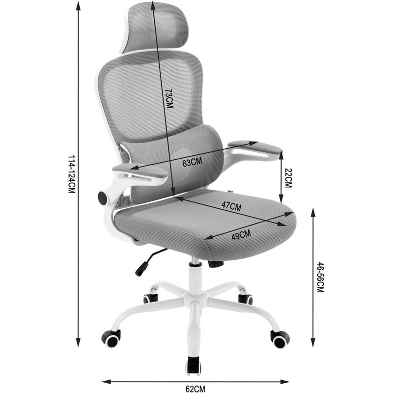 Stemen Polyester Office Chair with Headrest, White, Grey