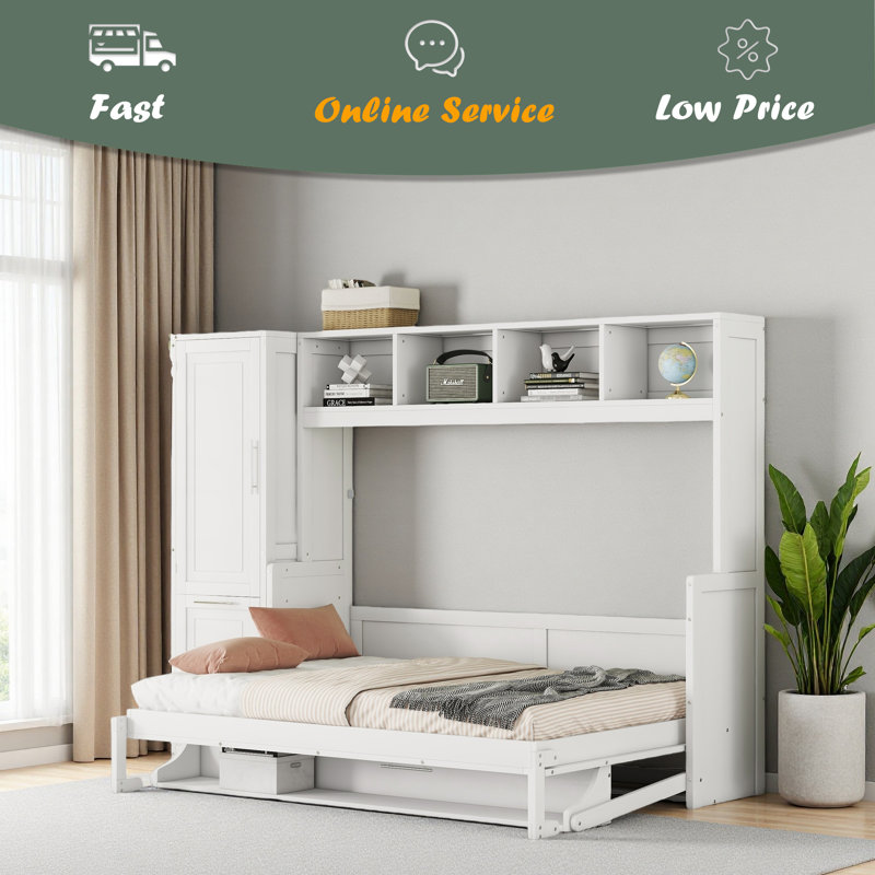 Lit escamotable double avec placard et tiroirs, Blanc