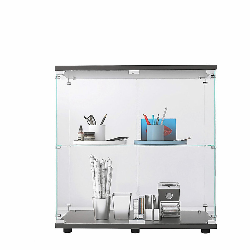 2 Layer Glass Display Cabinet with 2 Doors, Curio Cabinets, Glass Display Cabinet Showcase Countertop with Lock, Tempered Glass with MDF Base