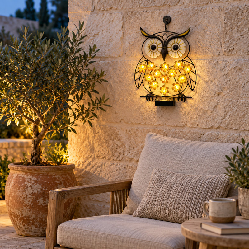 Luminaire solaire de jardin suspendu hibou avec lumière DEL chaude, métal noir