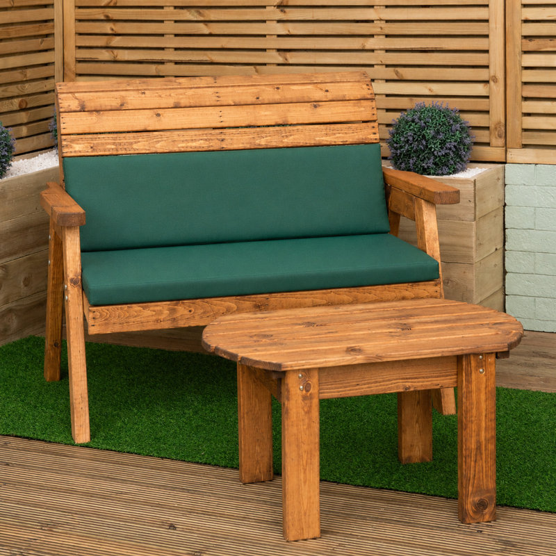 2 Seater Chunky Rustic Wooden Garden Furniture Bench With Coffee Table & Burgundy Cushions, Green