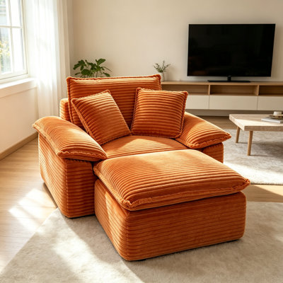 Fauteuil surdimensionné en velours côtelé avec pouf amovible, canapé modulable Cloud à ressorts, canapé lounge profond sans montage pour salon, orange