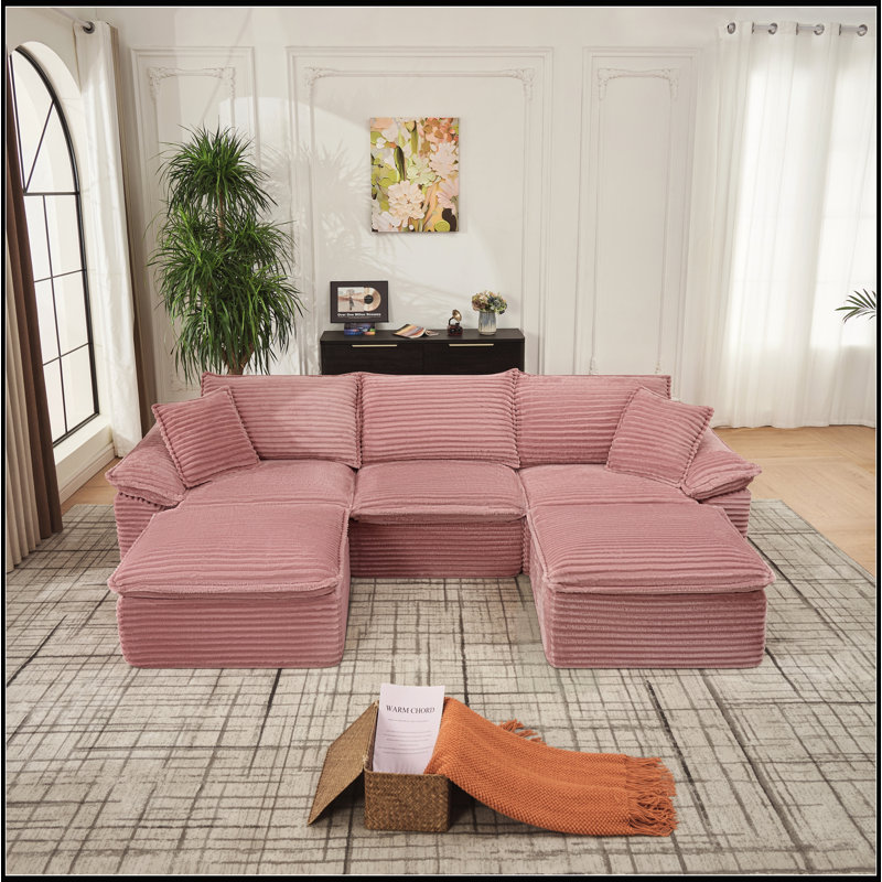 Canapé d'angle en forme de U de 287 cm (113 po) avec pouf amovible, aucun assemblage requis pour le salon, Pink Fabric,Foam