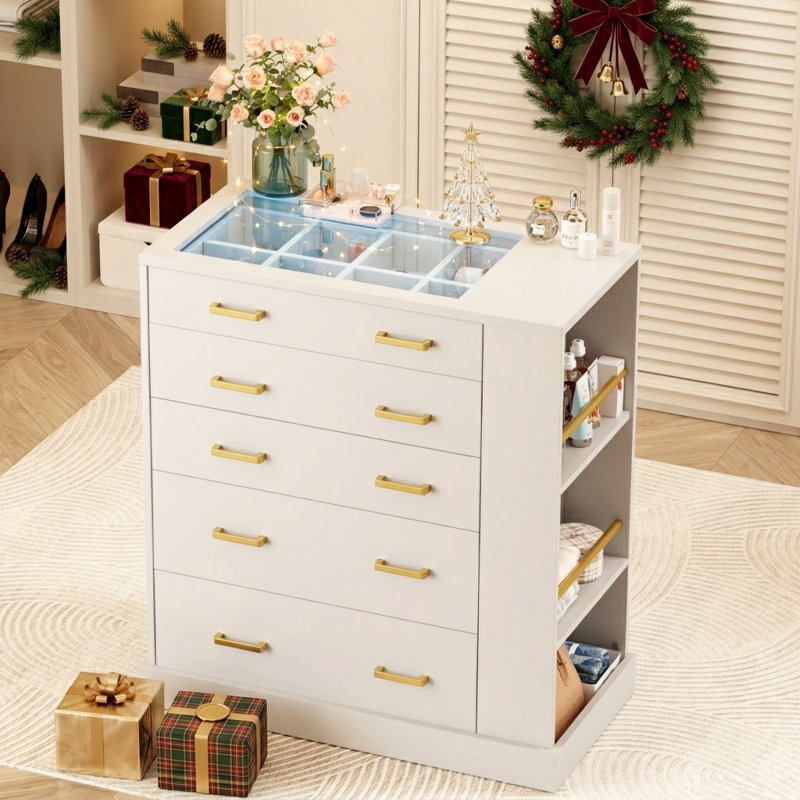 Drawer Dresser with Open Side Storage & LED Lights, 5 Drawers Cabinet with Tempered Glass Top and Jewelry Organizer, Wardrobe Closet Island, Ideal for Livingroom,Bedroom, White
