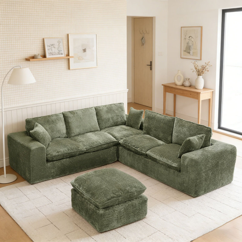 107'' Modern Boucle L-shaped Sectional Sofa, Green, 6