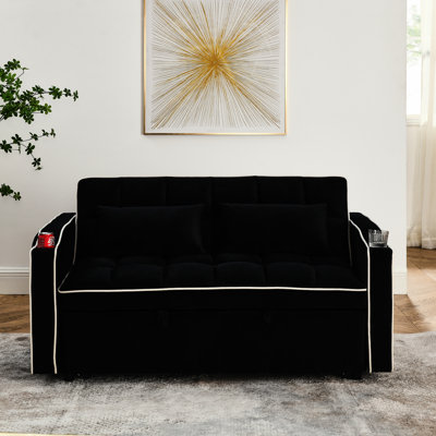 Lit pliant en velours moderne avec dossier réglable et support pour téléphone - noir lustré et port (noir