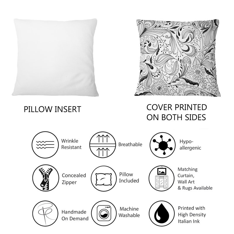 Coussin décoratif imprimé à motif floral noir et blanc - 1