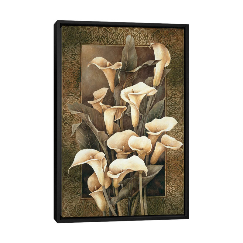 « golden calla lilies », impression sur toile, H 26 po x l 18 po x P 1,5 po, Toile avec cadre noir, Pas de tapis