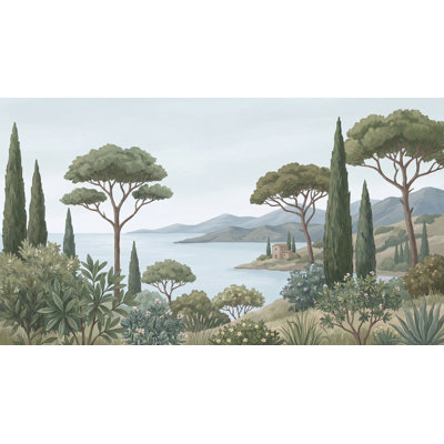 Papier peint paysage méditerranéen, bord de mer, cyprès