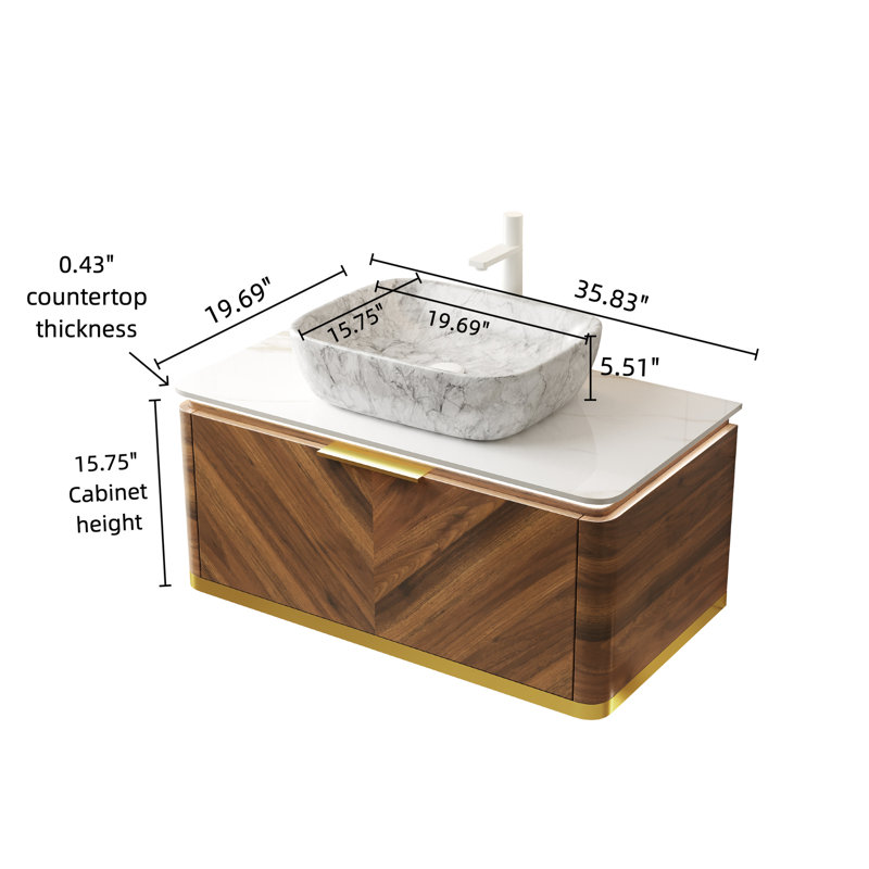 Lavabo de meuble-lavabo 36 po avec armoire flottante, lavabo en céramique à motif marbré, comptoir en pierre frittée, finition noyer foncé, éclairage à détection automatique, rangement généreux, couleur de cuve à fermeture en douceur,