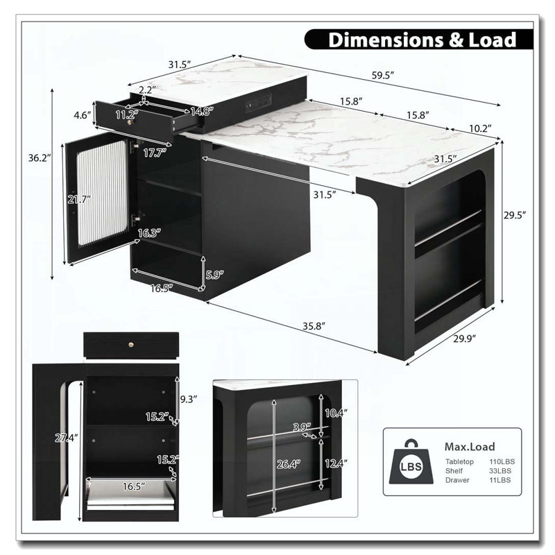 59.5"Kitchen Island With Extendable Dining Table, Kitchen Storage Table With Double-Sided Storage, Kitchen Island With 2 Drawers, Power Outlet, Side Open Shelves, For Kitchen