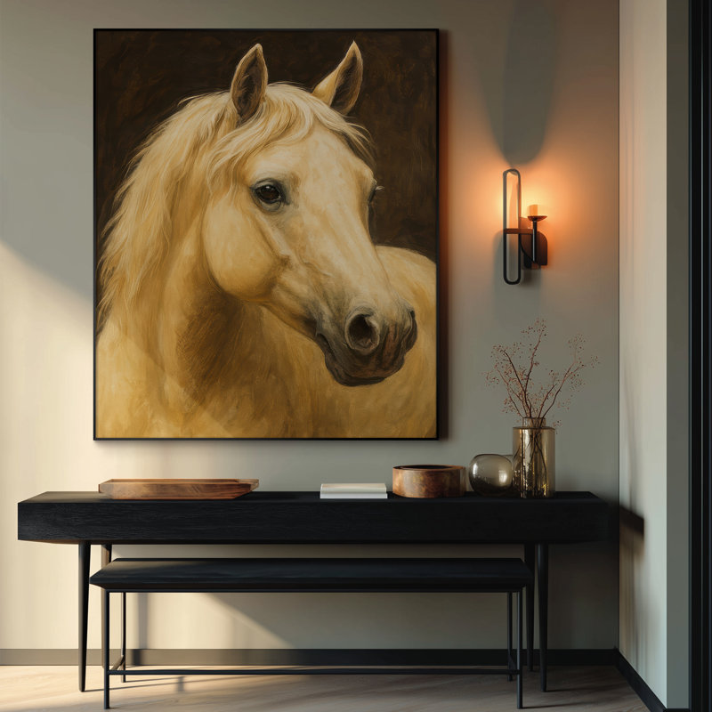 Très grande reproduction d'art sur toile - Portrait de cheval doré Palomino sur fond brun foncé, H 60 po x l 46 po