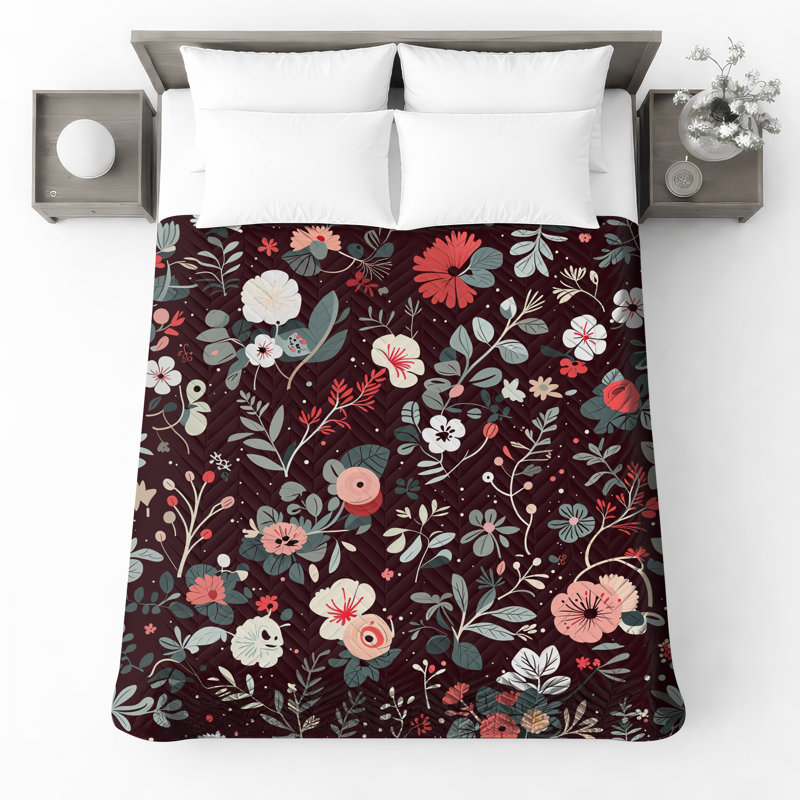 Couvre-lit matelassé à motif floral, Couvre-lit double / double, Motif floral rouge / vert