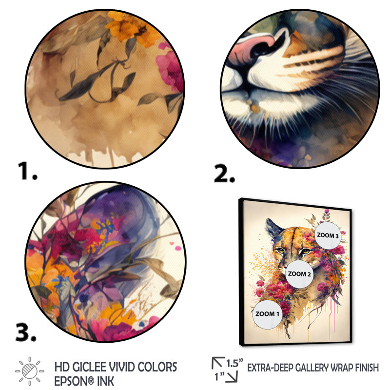 «Cute Puma Floral Art II», peinture sur toile, H 32 po x l 24 po x P 1 po, Toile avec cadre flottant noir