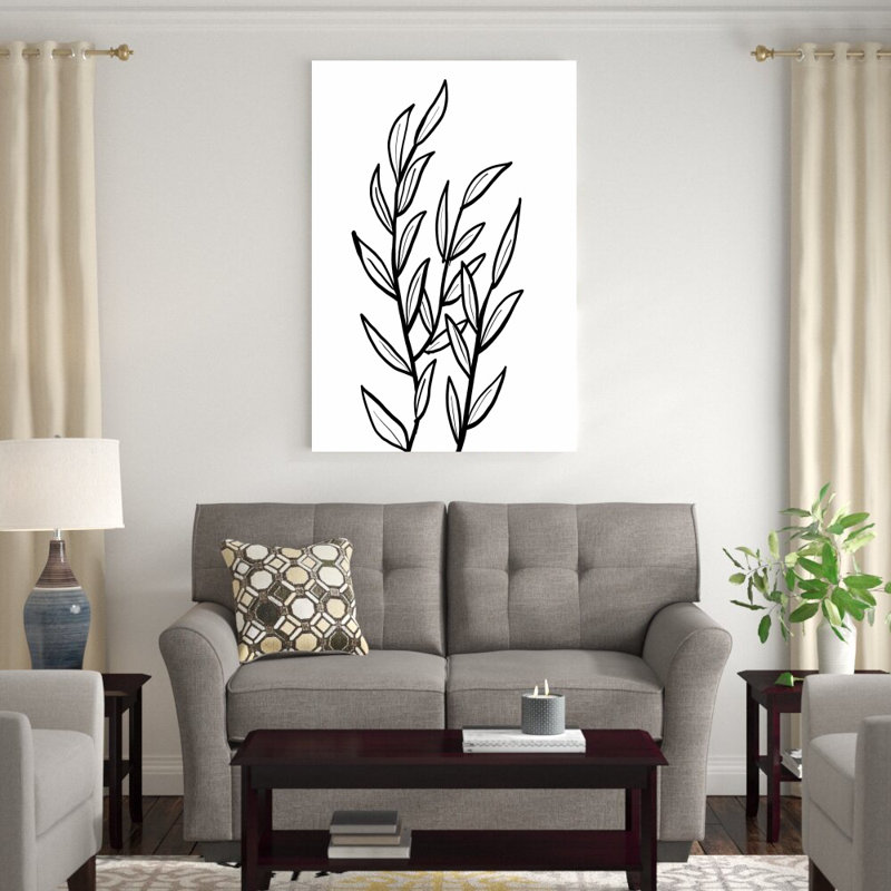 Reproduction de feuilles noires et blanches sur toile, H 48 po x l 32 po
