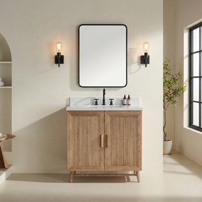 Meuble-lavabo de salle de bain autoportant 36 po entièrement assemblé en bois massif avec plateau blanc d'ingénierie entièrement assemblé