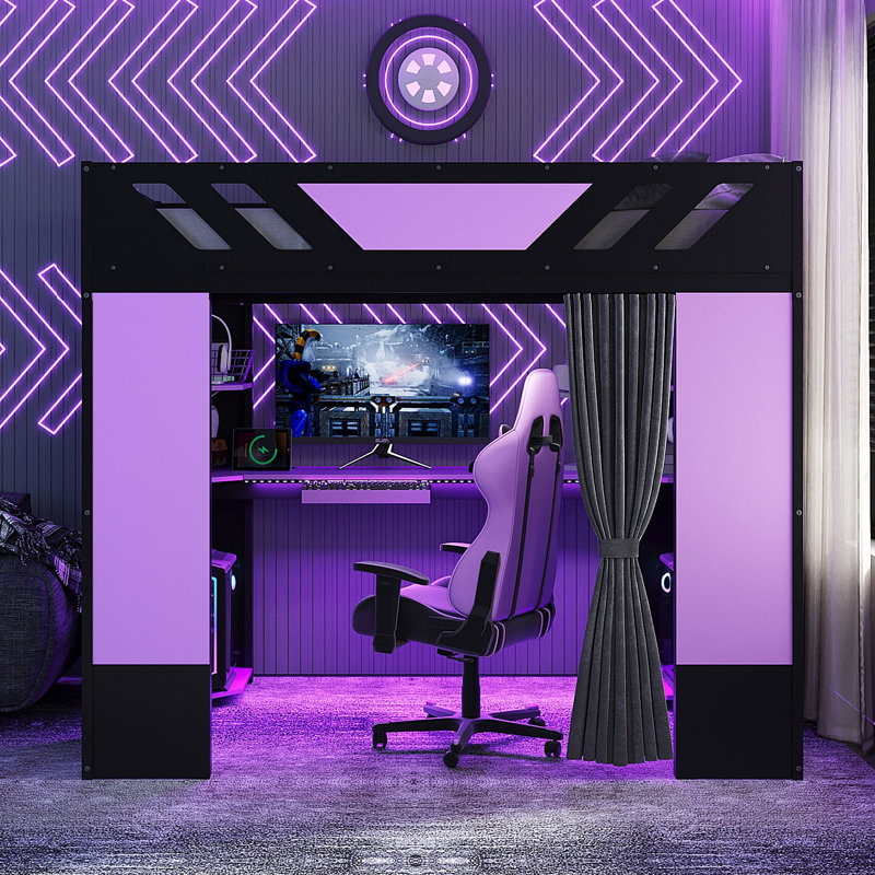 Lit mezzanine en bois avec rideaux à tablettes et lumières RVB, Mauve