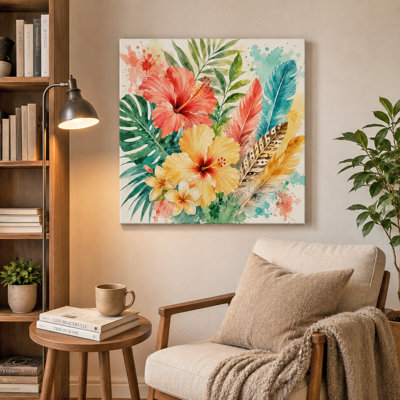Tropical Hibiscus Resort Wrapped Canvas Wall Art, Bright Coastal Floral Decor