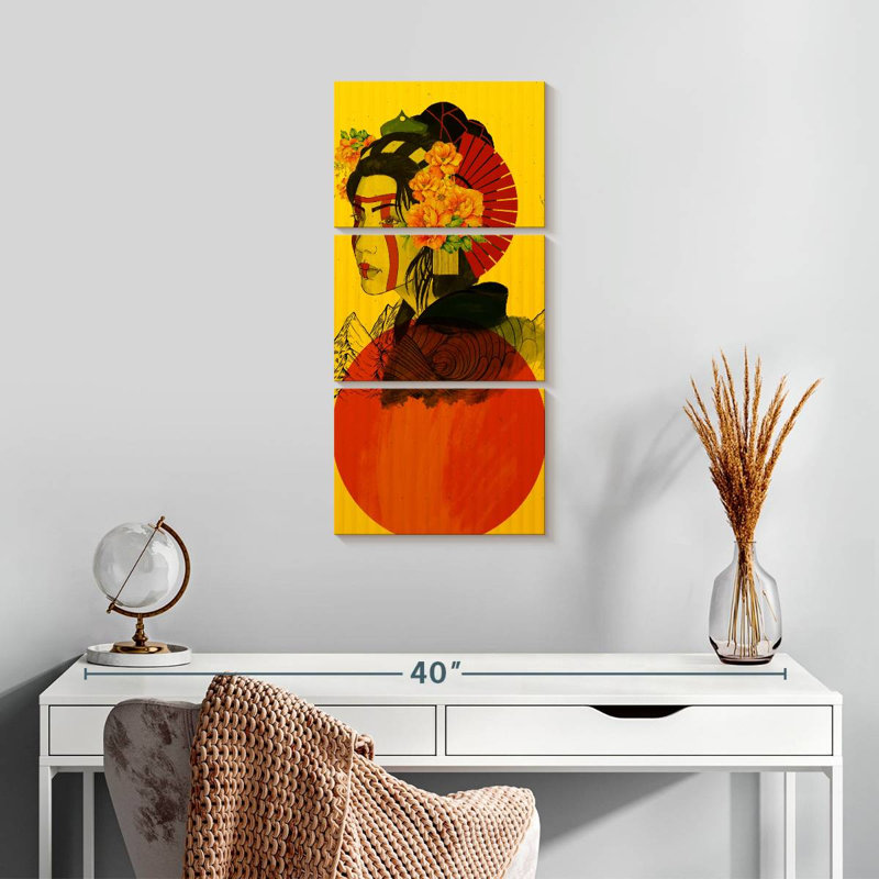 Geisha rouge soleil 3 pièces, H 27 po x l 12 po x P 1 po