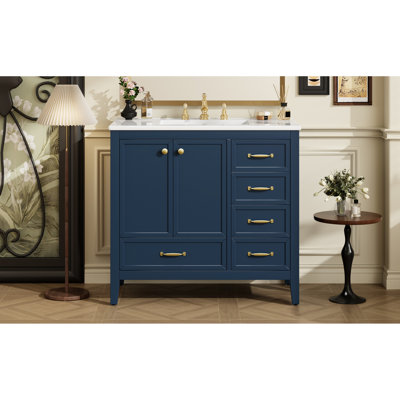 Meuble-lavabo bleu de 36 po avec lavabo en céramique lisse, cadre en pin massif, armoire de porte, quatre tiroirs de différentes tailles, pour l'entretien, un envoi de 36 po avec cadre en bois et pieds, tiroirs, facile