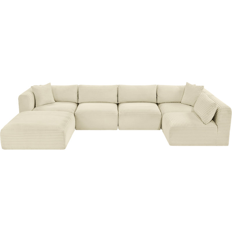 Canapé modulaire Carmean, Velours côtelé texturé crème, 3 sans accoudoirs, 2 en coin, 1 repose-pieds