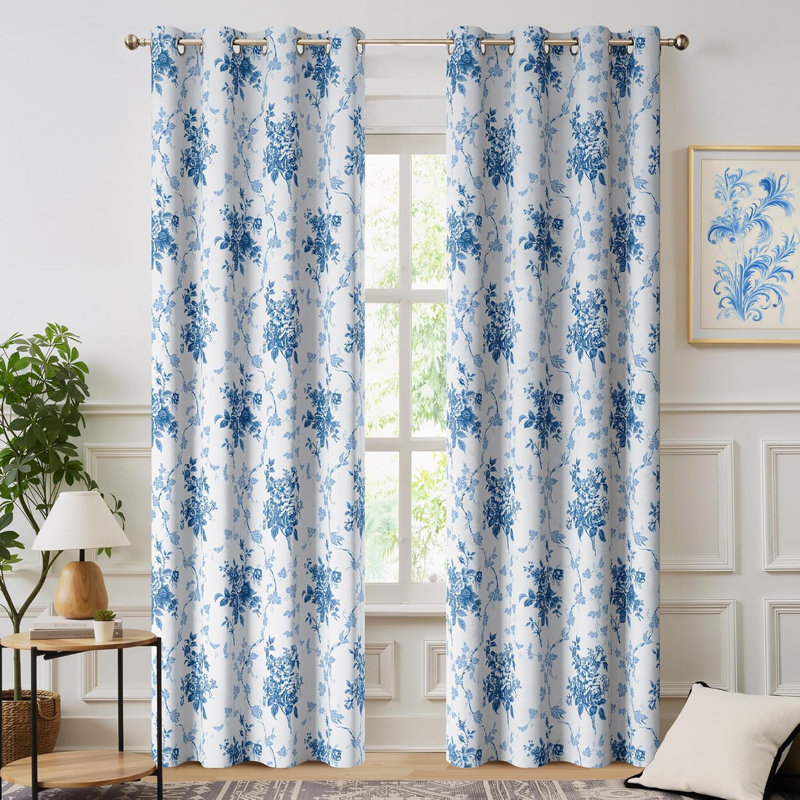 100% Blackout Curtains, Grommet Pattern Gold Foil Printed Window Treatments Room Darkening Drapes for Bedroom, 2 Panels