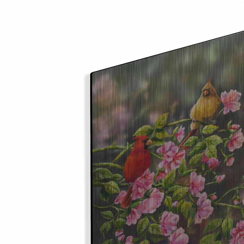 Cardinals with Roses par Sarah Davis - reproduction d'art sur métal, L 12 po x H 16 po x P 0,13 po