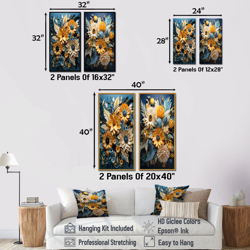Abstrait bleu et beige tournesols - ensemble de 2 impressions sur toile tournesols, Cadre flottant blanc, H 28 po x l 25 po