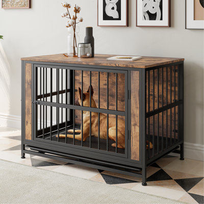 Mobilier de cage pour chien, table de caisse pour chien en bois, chenil pour chien avec 2 portes coulissantes et cadre de porte en fer épais, cage de cage pour animal de compagnie pour chien moyen / petit intérieur (brun rustique)