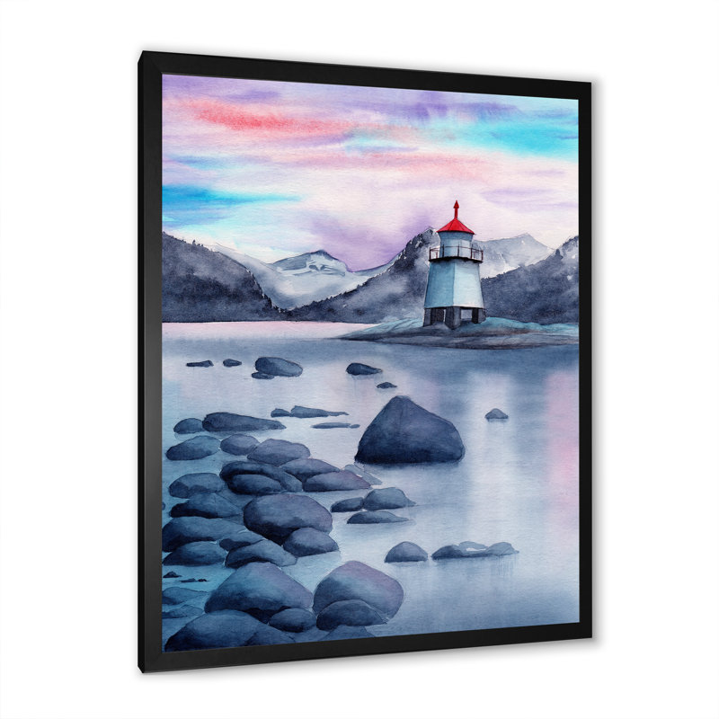 Paysage de soirée avec un phare - Peinture sur toile, H 40 po x l 30 po x P 1,5 po, Cadre noir