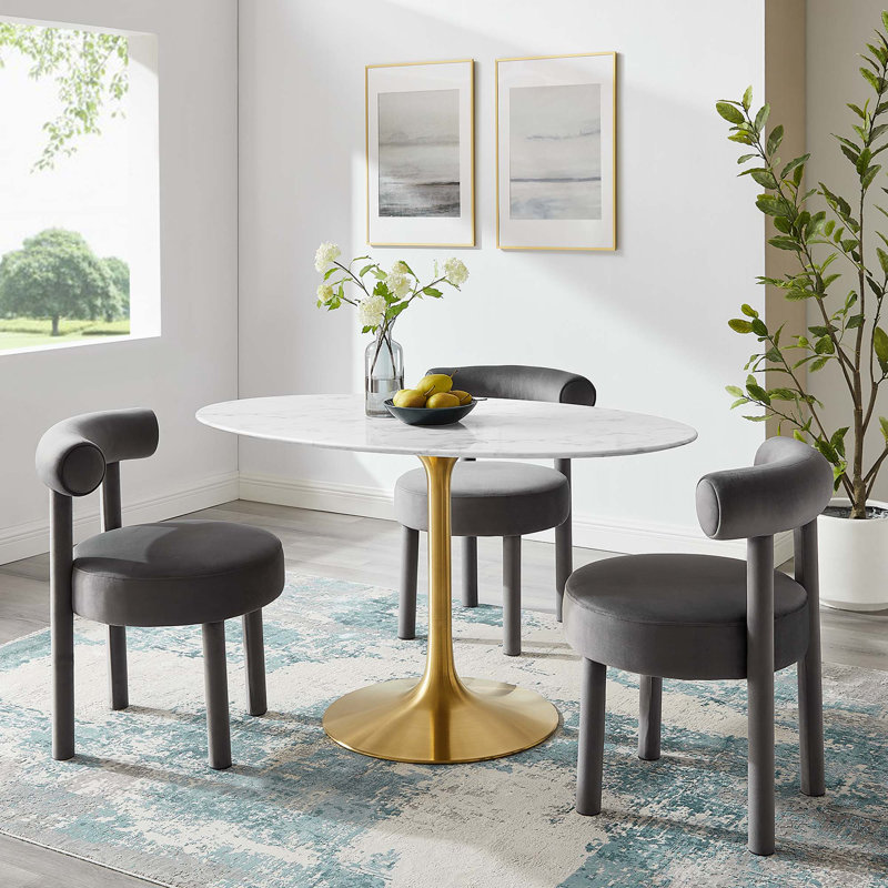  Table de salle à manger en marbre artificiel Lippa, Doré, H 29,5 po x L 54 po x l 31,5 po, Blanc