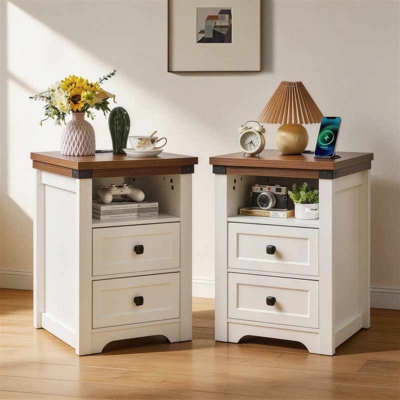 Tables de chevet blanches de ferme, bois MDF avec station de charge, solution de rangement pour chambre à coucher
