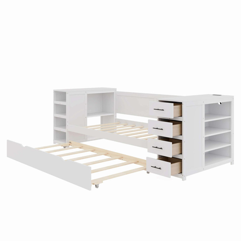 Wooden Daybed With Trundle And Side Shelves, Drawers, Storage Bed With Multi-Functional Desk And Charging Station