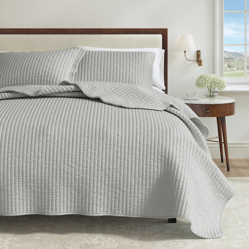 Light Gray Twin Microfiber Channel Stitch Quilt Set